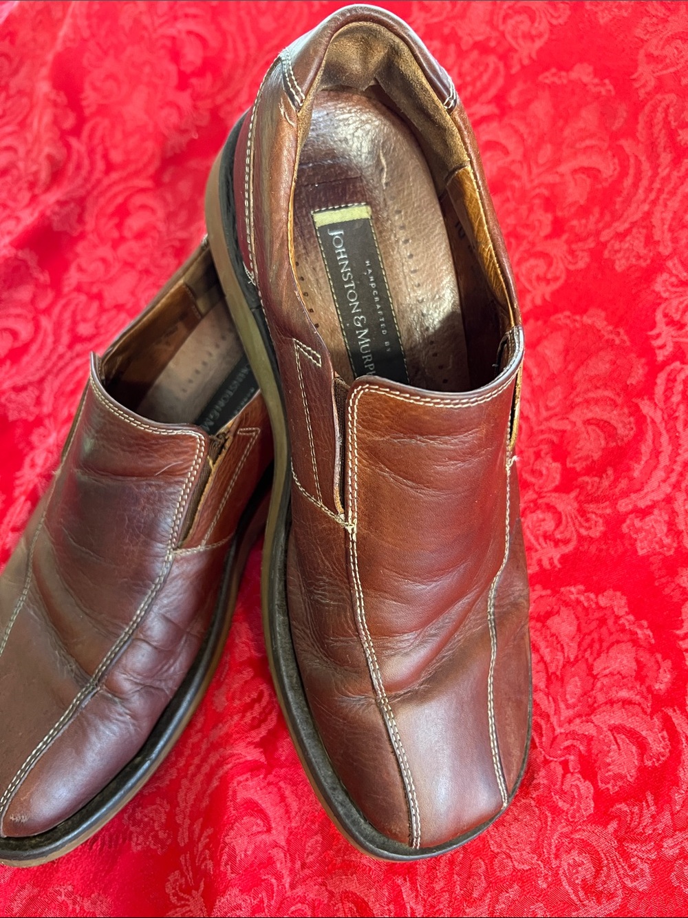 Johnston & Murphy Slip-On Loafers Men's 10 Brown Leather Made in Italy Handcraft